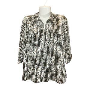 Apparenza Women's Multicolor Dots Black 3/4 Sleeve Button-Up Career Blouse SZ L